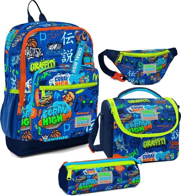 Coral High Erkek Çocuk Saks Grafiti Desenli İlkokul Okul Çanta Seti ve Bel Çantası - Image 1