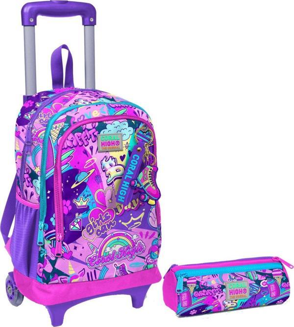 Coral High Grafiti Işıklı Tekerlekli Çekçek Çanta ve Kalemlik Seti - Kız Çocuk - Image 1