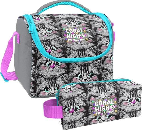 Coral High Gri Kedi Desenli Kız Çocuk Isı Yalıtımlı Beslenme Çantası ve Kalemlik Seti - Image 1