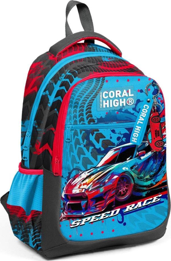 Coral High Gri Mavi Yarış Arabası Desenli Erkek Çocuk İlkokul Çantası ve Günlük Sırt Çantası - Image 1