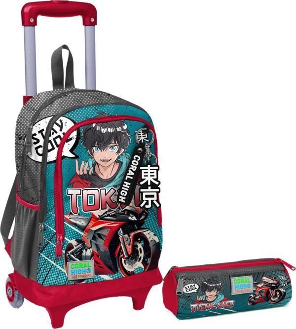 Coral High Gri Nefti Anime Motorsiklet Işıklı Tekerlekli Çekçek Çanta ve Kalemlik Seti - Erkek Çocuk - Image 1