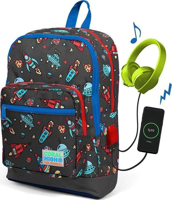 Coral High Gri Uzay Desenli Usb Şarjlı Kulaklık Çıkışlı Okul Sırt Çantası 23279 - Image 1