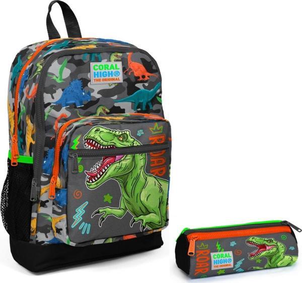 Coral High Gri Yeşil Dinazor İlkokul Sırt Çantası ve Kalemlik Seti - Image 1