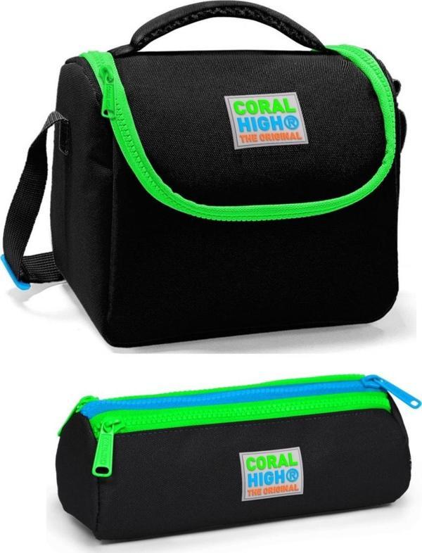Coral High Erkek Çocuk Siyah Yeşil Beslenme Çantası Seti - Image 1