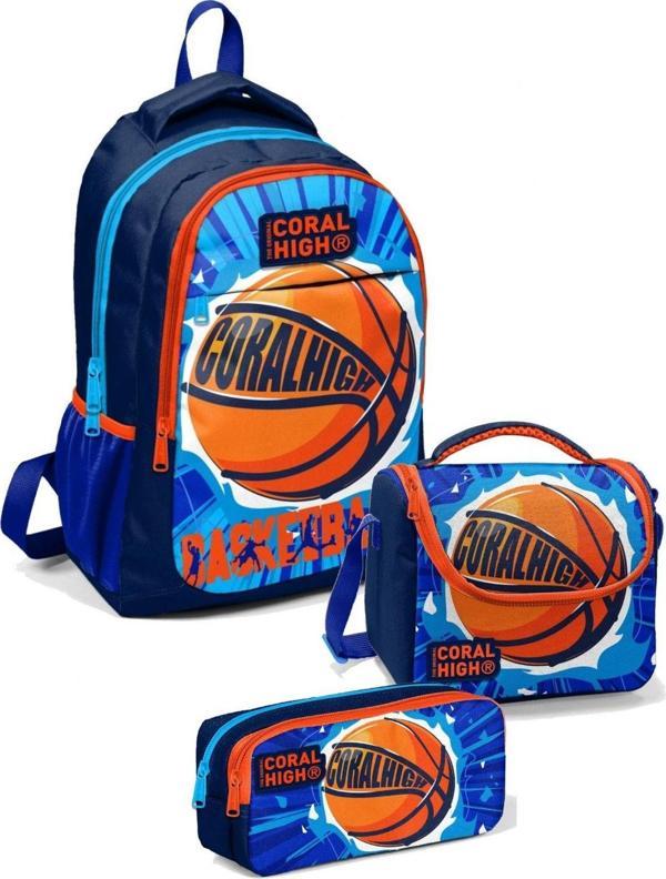 Coral High İlkokul Çanta Takımı Lacivert Turuncu Basketbol  - Erkek Çocuk Okul Çantası Seti - Image 1
