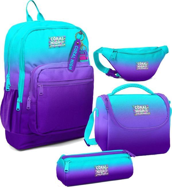 Coral High Erkek Çocuk Turkuaz Mor Renk Geçişli Desenli İlkokul Okul Çanta Seti ve Bel Çantası - Image 1