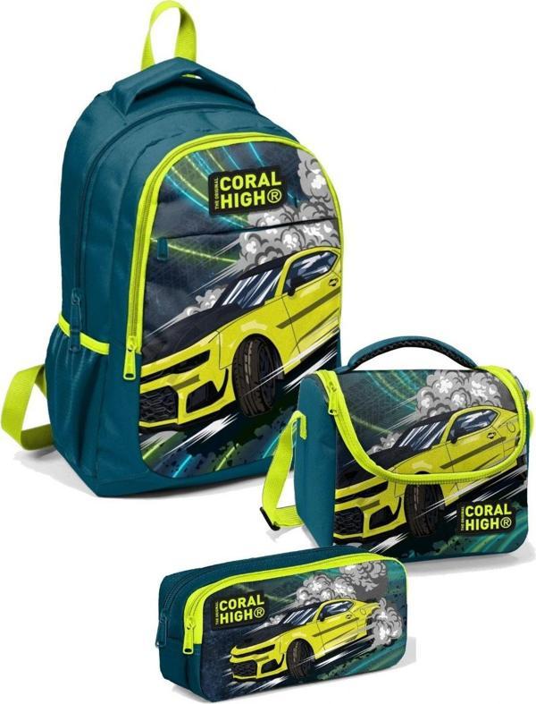 Coral High İlkokul Çanta Takımı Nefti Sarı Araba Erkek Çocuk Okul Çantası Seti - Image 1