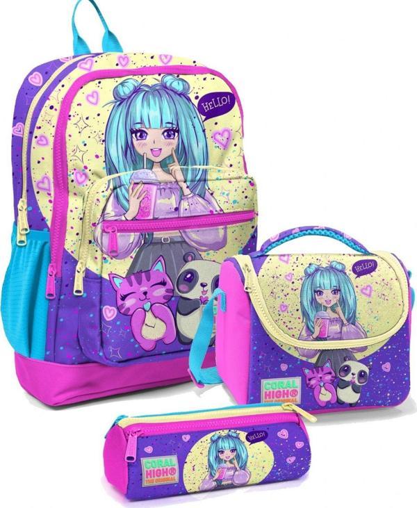 Coral High İlkokul Çantası Seti  Mor Pembe Anime - Kız Çocuk - Image 1