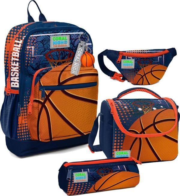 Coral High Erkek Çocuk Turuncu Lacivert Basketbol Desenli İlkokul Okul Çanta Seti ve Bel Çantası - Image 1