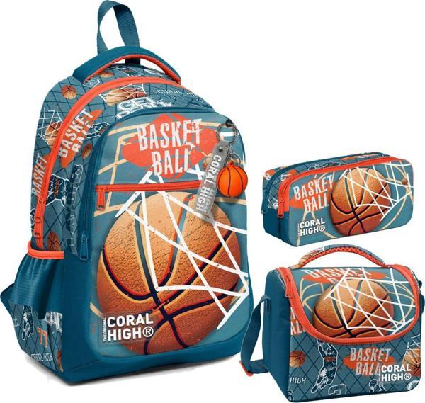 Coral High Erkek Çocuk Üç Gözlü İlkokul Çanta Seti - Nefti Turuncu Basketbol Desenli - Image 1