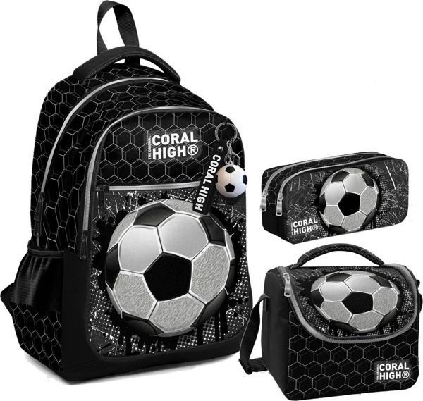 Coral High Erkek Çocuk Üç Gözlü İlkokul Çanta Seti - Siyah Futbol Desenli - Image 1