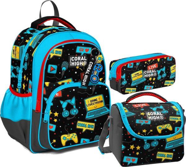 Coral High Erkek Çocuk Üç Gözlü İlkokul Çanta Seti - Siyah Mavi Gamer Desenli - Image 1