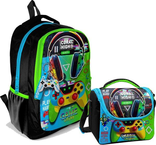 Coral High Erkek Çocuk Üç Gözlü İlkokul ve Ortaokul Sırt Çantası+Beslenme - Kulaklık Game - Image 1