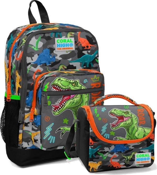 Coral High İlkokul Okul Sırt Çantası ve Beslenme Çantası Seti - Erkek Çocuk Gri Yeşil Dinazor - Image 1