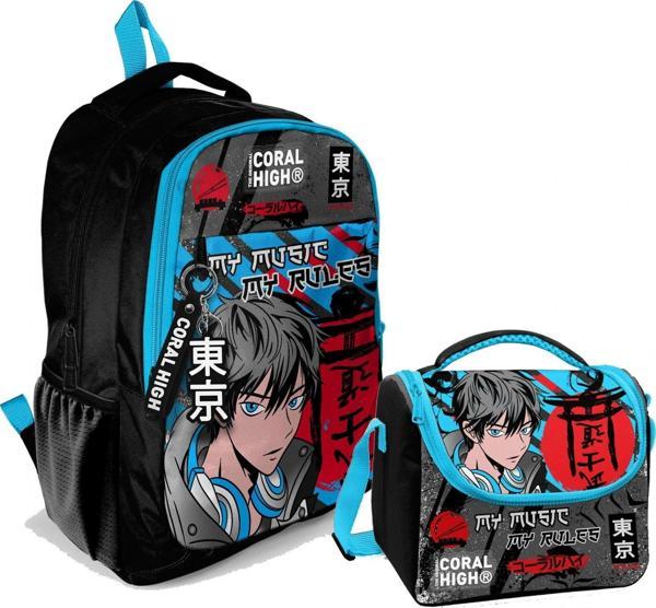 Coral High Erkek Çocuk Üç Gözlü İlkokul ve Ortaokul Sırt Çantası+Beslenme - Siyah Mavi Anime - Image 1