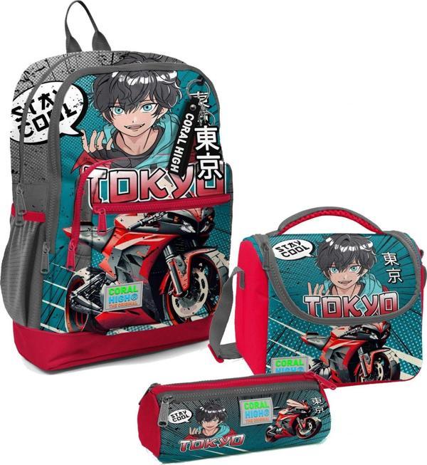 Coral High Erkek Çocuk Üçlü İlkokul Okul Çanta Seti - Gri Nefti Anime Motorsiklet - Image 1
