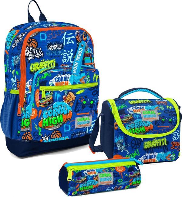 Coral High Erkek Çocuk Üçlü İlkokul Okul Çanta Seti - Saks Grafiti - Image 1