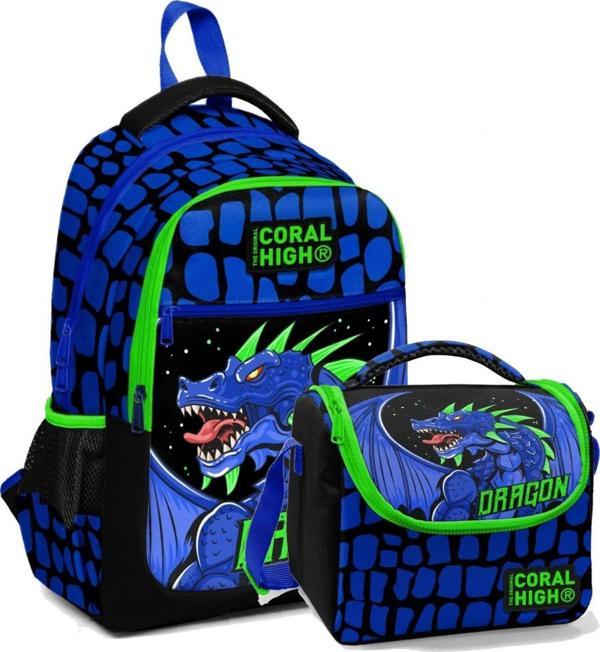 Coral High İlkokul Okul Sırt ve Beslenme Çantası Seti - Erkek Çocuk Mavi Yeşil Dragon - Image 1