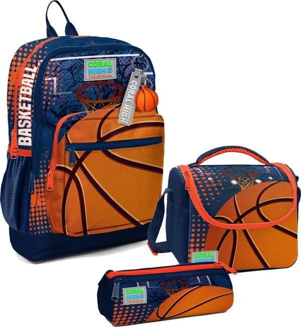 Coral High Erkek Çocuk Üçlü İlkokul Okul Çanta Seti - Turuncu Lacivert Basketbol - Image 1