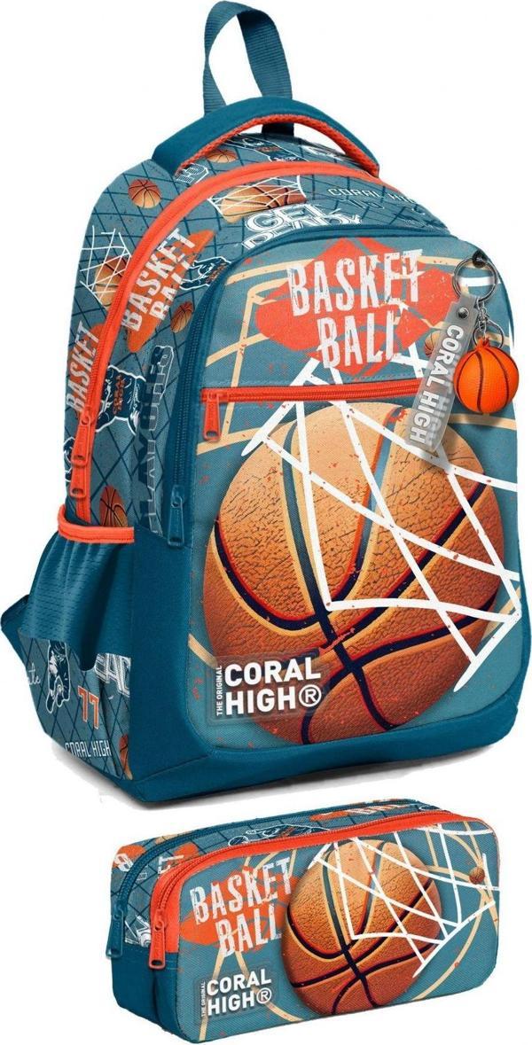 Coral High İlkokul Sırt Çantası ve Kalemlik Seti - Erkek Çocuk - Nefti Turuncu Basketbol - Image 1