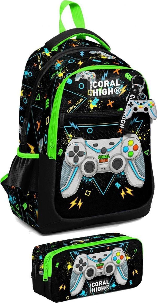 Coral High İlkokul Sırt Çantası ve Kalemlik Seti - Erkek Çocuk - Siyah Fosforlu Yeşil Gamer - Image 1