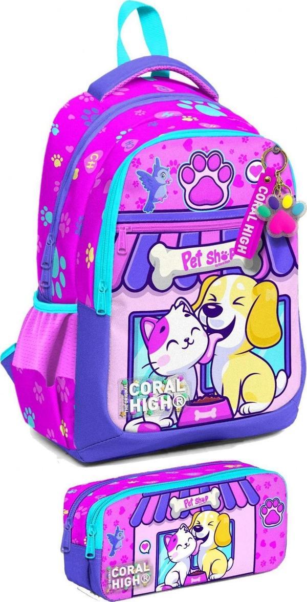 Coral High İlkokul Sırt Çantası ve Kalemlik Seti - Kız Çocuk - Kedi Köpek - Image 1