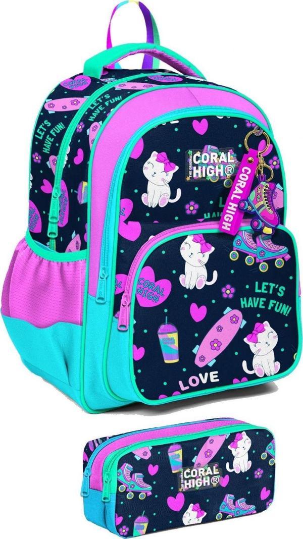 Coral High İlkokul Sırt Çantası ve Kalemlik Seti - Kız Çocuk - Lacivert Pembe Kedili - Image 1