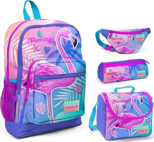 Coral High Flamingo Baskılı Kız Çocuk 4'lü İlkokul Çanta Seti - Image 1
