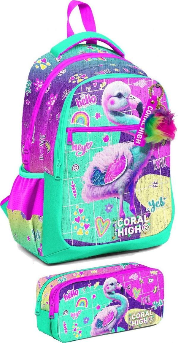 Coral High İlkokul Sırt Çantası ve Kalemlik Seti - Kız Çocuk - Pembe Su Yeşili Flamingo - Image 1