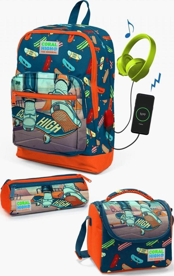 Coral High Kids Civit Neon Turuncu Kaykay Desenli USB Girişli 3’lü Okul Çanta Seti - Erkek Çocuk - Image 1