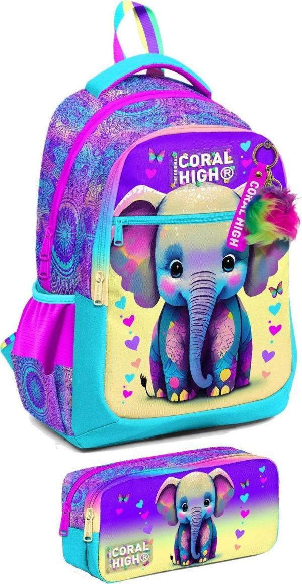 Coral High İlkokul Sırt Çantası ve Kalemlik Seti - Kız Çocuk - Pembe Turkuaz Fil - Image 1