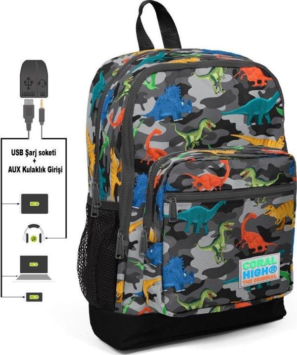 Coral High Kids Dört Gözlü Erkek Çocuk İlkokul Çantası - Dinazor Kamuflaj Desenli- USB+AUX Soketli - Image 1