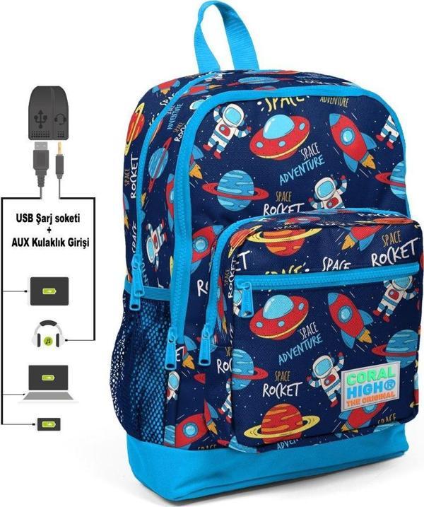 Coral High Kids Dört Gözlü Erkek Çocuk İlkokul Çantası - Uzay Macerası Desenli - USB+AUX Soketli - Image 1