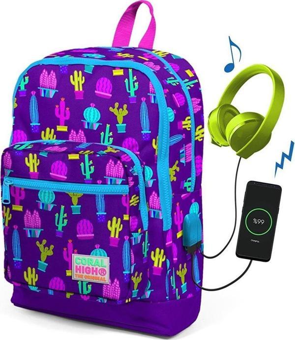 Coral High Kids Dört Gözlü Kız Çocuk Kaktüs Desenli İlkokul Çantası - USB+AUX Soketli - Image 1