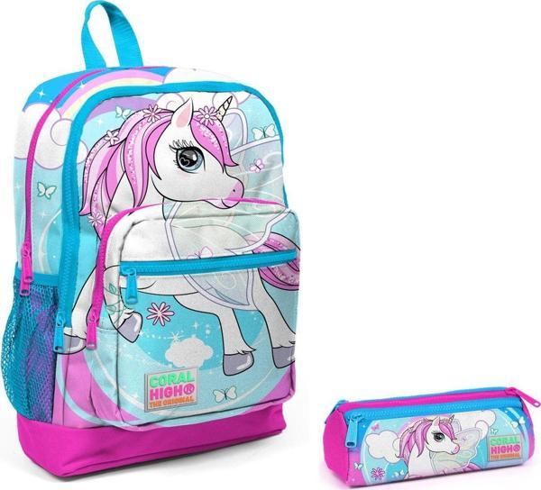 Coral High İlkokul Sırt Çantası ve Kalemlik Seti - Mavi Unicorn Baskılı - Image 1