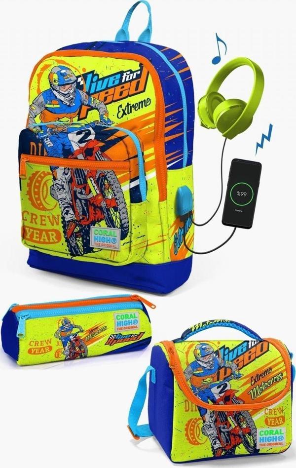 Coral High Kids Fosforlu Sarı Saks Motorsiklet Desenli USB'li 3’lü Okul Çanta Seti - Erkek Çocuk - Image 1
