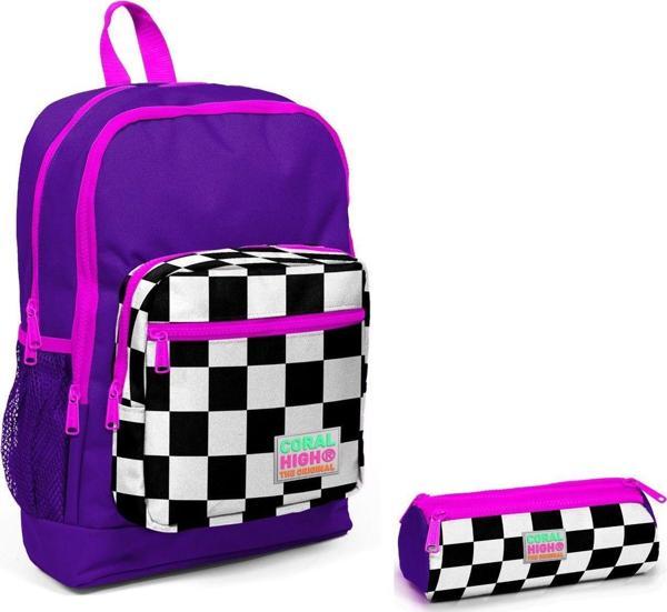 Coral High İlkokul Sırt Çantası ve Kalemlik Seti - Mor Damalı - Image 1