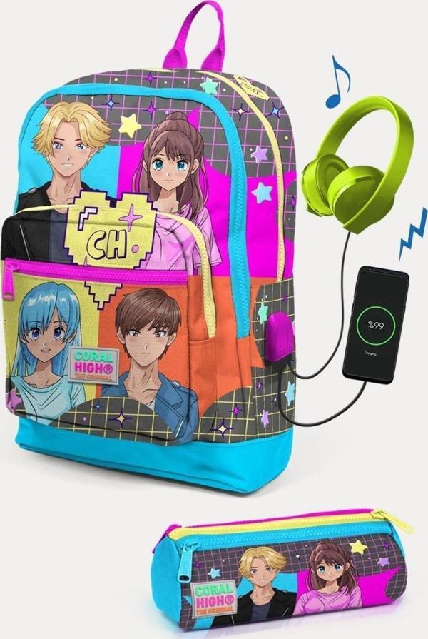 Coral High Kids Gri Mavi Pembe Anime Desenli USB'li 2'li Okul Çanta Seti - Kız Çocuk - Image 1