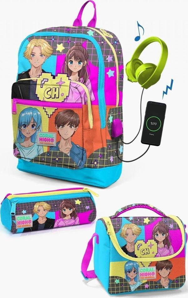 Coral High Kids Gri Mavi Pembe Anime Desenli USB'li 3’lü Okul Çanta Seti - Kız Çocuk - Image 1