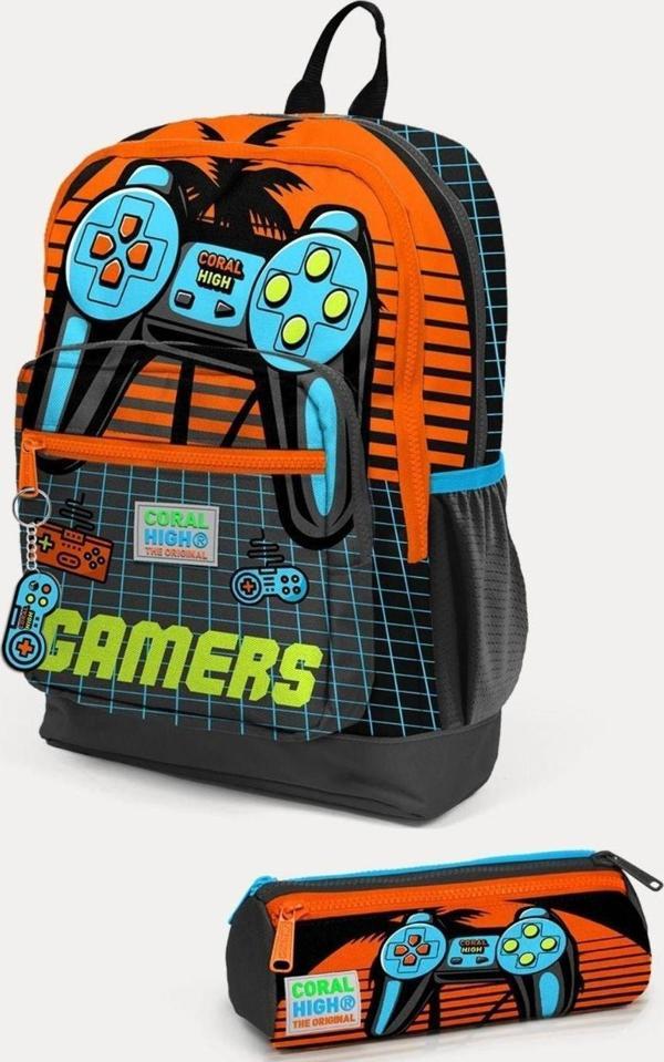 Coral High Kids Gri Turuncu Gamer Desenli 2'li Okul Çanta Seti - Erkek Çocuk - Image 1