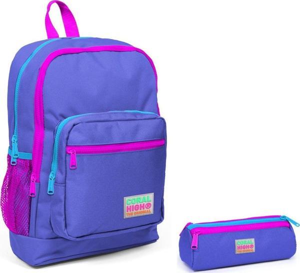 Coral High İlkokul Sırt Çantası ve Kalemlik Seti - Mor Pembe Fermuarlı - Image 1