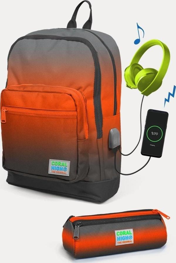 Coral High Kids Gri Turuncu Renk Geçişli USB'li 2'li Okul Çanta Seti - Erkek Çocuk - Image 1