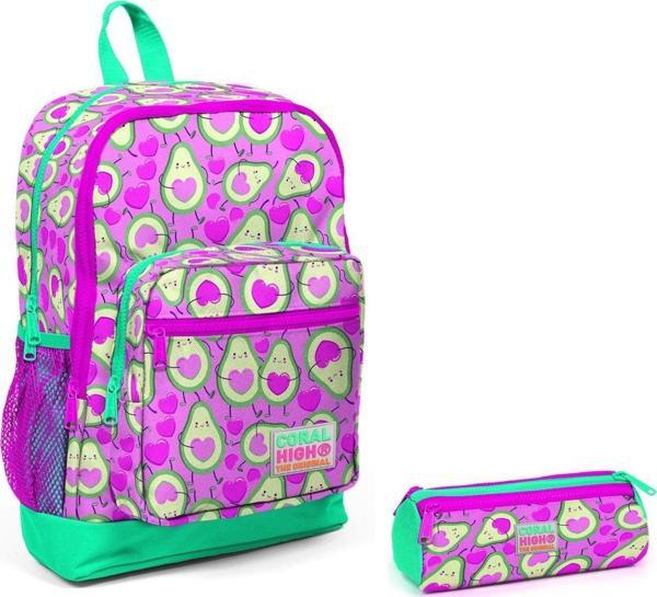 Coral High İlkokul Sırt Çantası ve Kalemlik Seti - Pembe Avakado Baskılı - Image 1