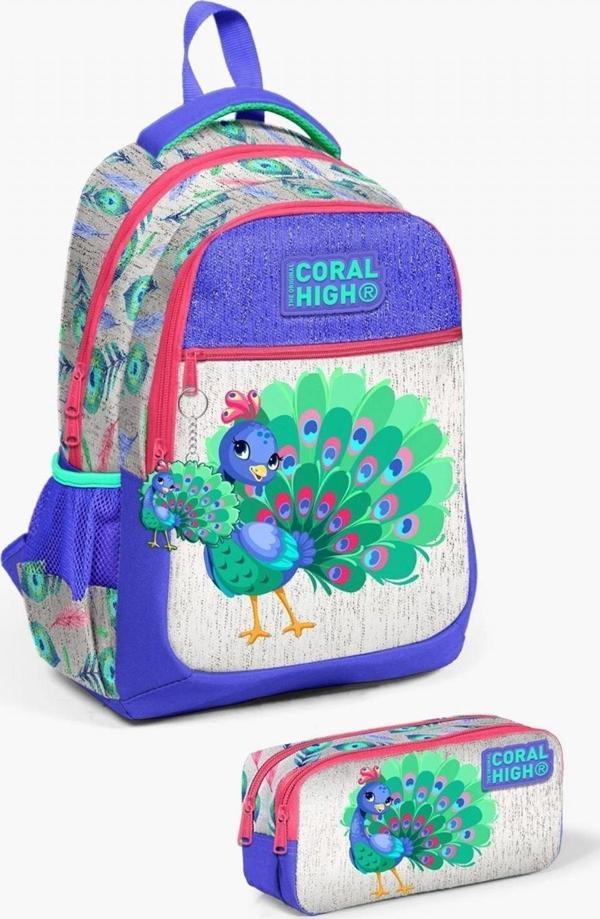 Coral High Kids Gümüş Lavanta Tavus Kuşu Desenli 2'li Okul Çanta Seti - Kız Çocuk - Image 1