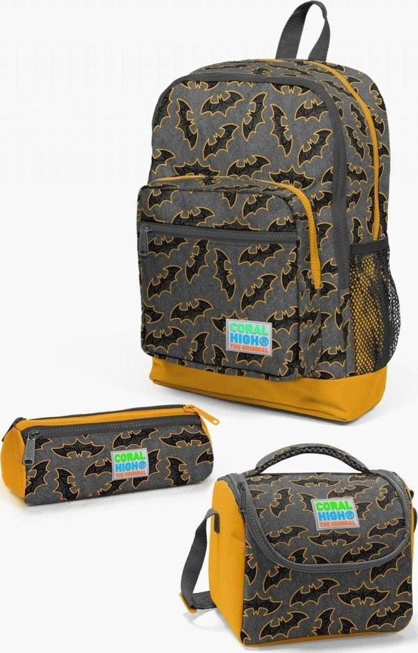 Coral High Kids Koyu Gri Hardal Yarasa Desenli 3’lü Okul Çanta Seti - Erkek Çocuk - Image 1