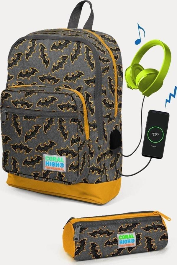 Coral High Kids Koyu Gri Hardal Yarasa Desenli USB'li 2'li Okul Çanta Seti - Erkek Çocuk - Image 1