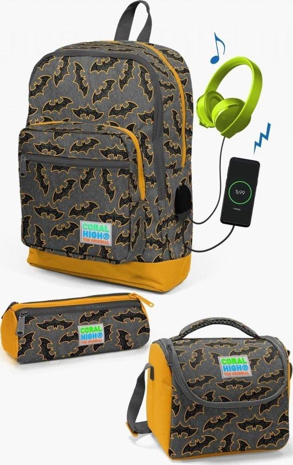 Coral High Kids Koyu Gri Hardal Yarasa Desenli USB'li 3’lü Okul Çanta Seti - Erkek Çocuk - Image 1