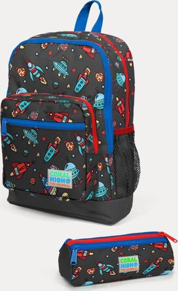 Coral High Kids Koyu Gri Kırmızı Uzay Desenli 2'li Okul Çanta Seti - Erkek Çocuk - Image 1