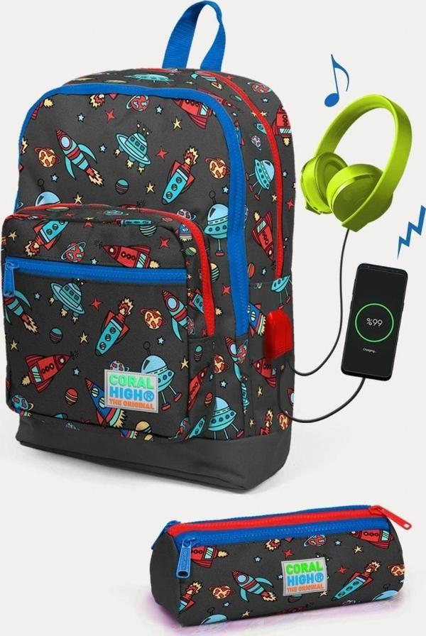 Coral High Kids Koyu Gri Kırmızı Uzay Desenli USB'li 2'li Okul Çanta Seti - Erkek Çocuk - Image 1