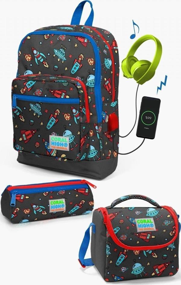 Coral High Kids Koyu Gri Kırmızı Uzay Desenli USB'li 3’lü Okul Çanta Seti - Erkek Çocuk - Image 1